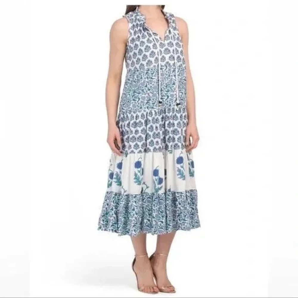 Chelsea & Theodore Split Neck Boho Maxi Dress Blue Floral